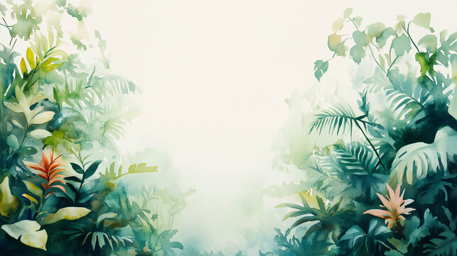 Abstract watercolor painting featuring delicate green foliage, digitally illustrated.