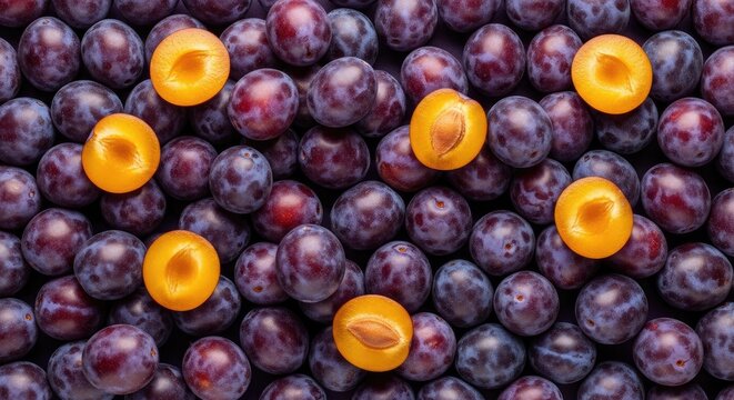 A dense arrangement of dark purple plums and their golden-yellow pits are scattered across a black background. The plums are round and glossy, showcasing their rich color and texture.