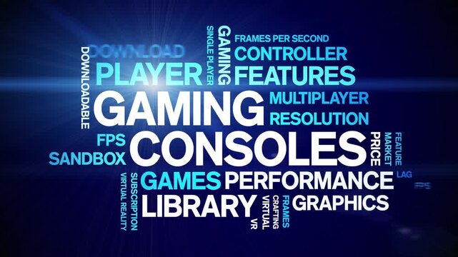 Gaming Consoles animated word cloud-gross domestic product animation tag kinetic typography seamless loop.