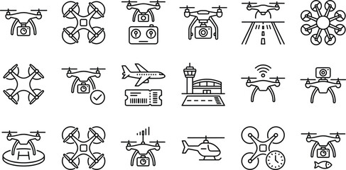 Obraz premium Drone quadcopter and aviation line icon set with remote controller camera airport runway airplane ticket helicopter and digital quadrocopter technology outline symbols