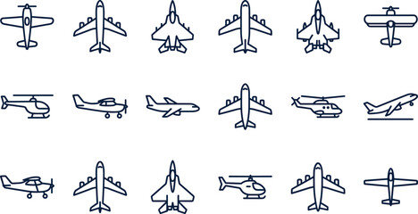 Airplane and helicopter aviation line icon set with passenger plane jet fighter commercial aircraft biplane glider takeoff and flight transportation outline symbols © Shefali
