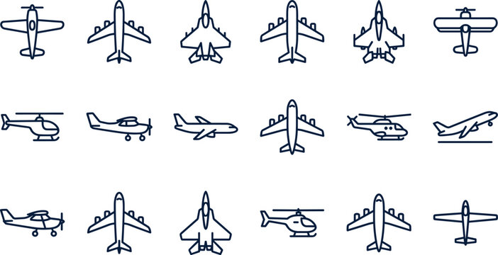 Airplane and helicopter aviation line icon set with passenger plane jet fighter commercial aircraft biplane glider takeoff and flight transportation outline symbols