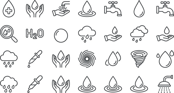 Water drop line icon set with rain cloud faucet hands washing shower pipette tornado swirl H2O medical care and liquid eco conservation symbols