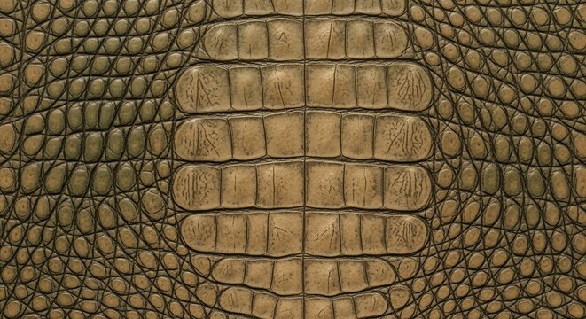 A close-up image showcases the intricate pattern of crocodile leather. The textured surface displays a complex network of scales in shades of brown and beige.