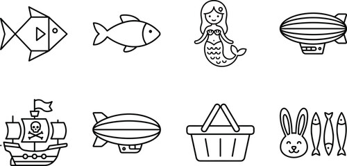 Mermaid and sea life line icon set with pirate ship blimp zeppelin shopping basket rabbit geometric fish and fantasy adventure outline symbols © Shefali