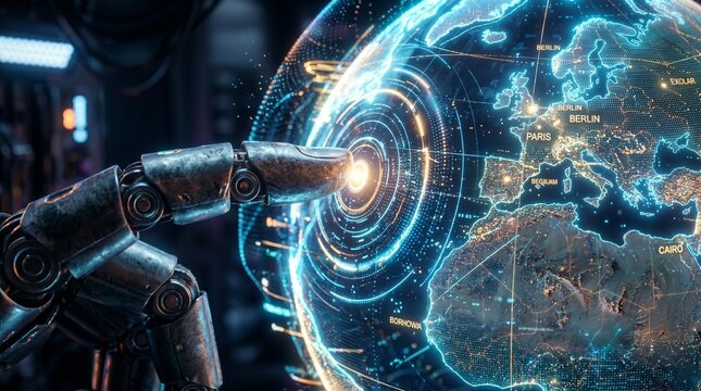 Close-up of a robotic metal finger touching a glowing, interactive holographic globe interface showing European city names