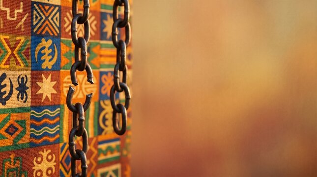 Close-up of a heavy metal chain with a broken link set against a colorful canvas featuring traditional African geometric patterns