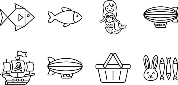 Mermaid and sea life line icon set with pirate ship blimp zeppelin shopping basket rabbit geometric fish and fantasy adventure outline symbols