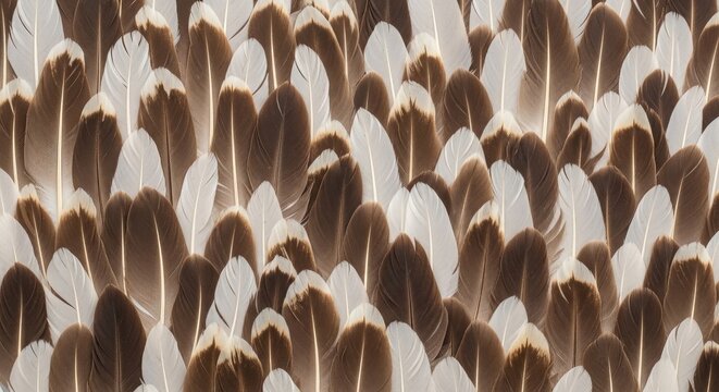 A dense collection of feathers creates a textured pattern. The feathers display a mix of brown and white hues, with varying shades and tones.