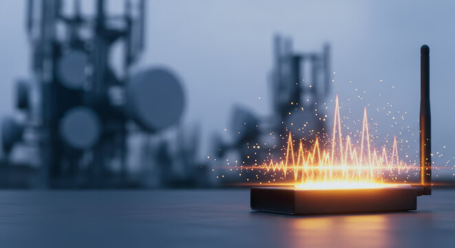 Wireless router with glowing signal waves and cell towers