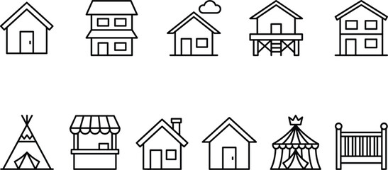 House and real estate line icon set with residential building cottage stilt cabin teepee tent circus marquee market stall and home architecture outline symbols © Shefali