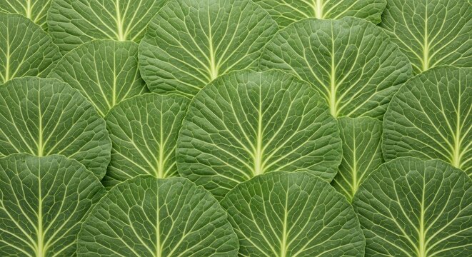 A close-up photograph showcases a dense arrangement of cabbage leaves. The leaves, varying in size, are tightly packed together, creating a textured surface.