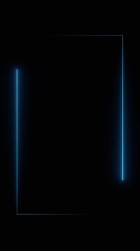 Rectangle with moving lines in blue neon light, illuminated frame. Shape, geometry, box, template, black background, space in the middle to add text or image.