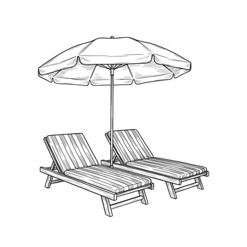 Hand drawn sketch of two beach lounge chairs and umbrella. Vintage engraving style vector illustration. Black and white summer vacation and relaxation concept isolated on white.