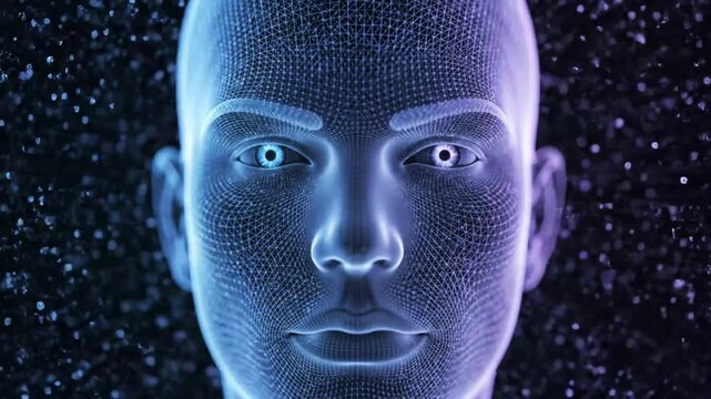 Artificial intelligence face emerging from digital data particles
