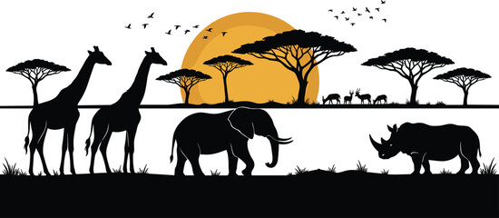 Fototapeta premium Silhouette vector illustration of African savanna wildlife with giraffes, elephant, rhinoceros, acacia trees, and sunset