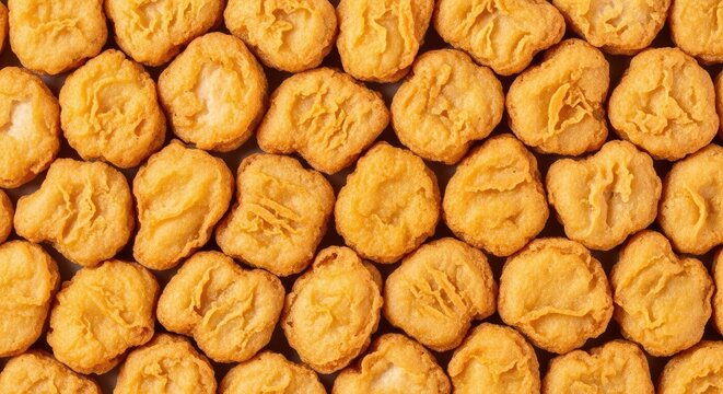 A close-up shot displays a dense arrangement of golden-brown chicken nuggets. The nuggets are uniformly shaped and coated in a crispy, seasoned breading.