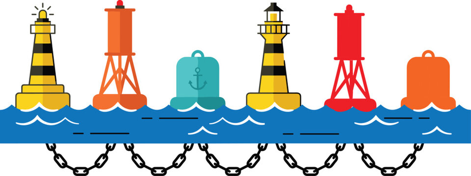 Vector illustration of maritime navigation aids with lighthouses, buoys, chains, and stylized ocean waves