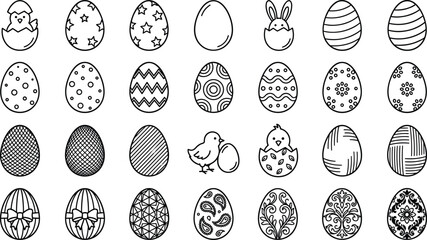 Easter egg decoration line icon set with hatching chick bunny rabbit stars stripes floral patterns ribbon bow and holiday celebration outline symbols © Shefali