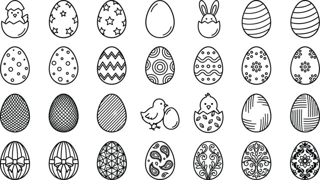 Easter egg decoration line icon set with hatching chick bunny rabbit stars stripes floral patterns ribbon bow and holiday celebration outline symbols