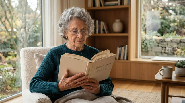 Elderly woman enjoying a good book in a cozy armchair by the window