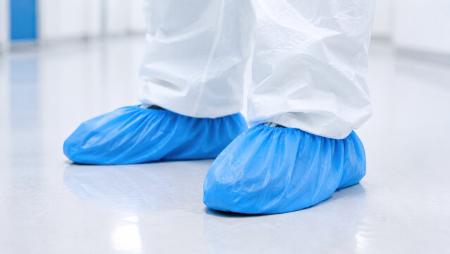 Ebola virus. Close-up of blue disposable boot covers on a white hospital floor, only feet and lower legs visible.
