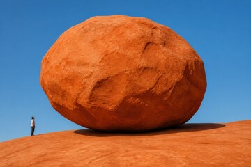 Fototapeta premium Giant orange boulder in desert landscape with tiny person for scale under clear blue sky