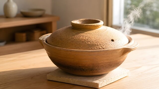 Traditional Japanese Donabe Earthenware Clay Pot with Lid and Steam on Wooden Table in Soft Morning Light