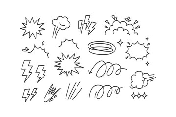 A collection of hand-drawn comic book elements like sound effects and speech bubbles in a simple doodle style © DzgnVibe