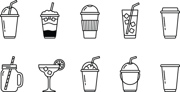 Cold drink and beverage line icon set with iced coffee cocktail smoothie mason jar plastic cup milkshake glass and cafe takeaway service outline symbols