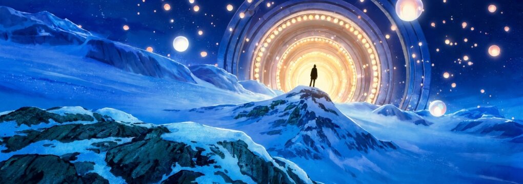 Silhouette Standing Before Time Portal On Snowy Mountain