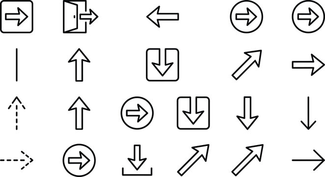 Arrow line icon set with up down left right directional pointers download exit sign button circle square and web navigation outline symbols