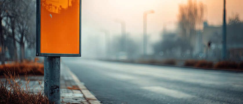 Empty orange billboard stands by a deserted city street at sunrise, with soft focus on background buildings and muted, atmospheric lighting.