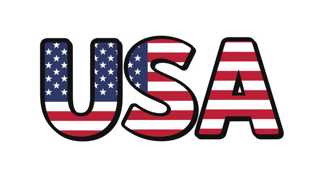 USA text illustration with American flag pattern, graphic design element for national themes