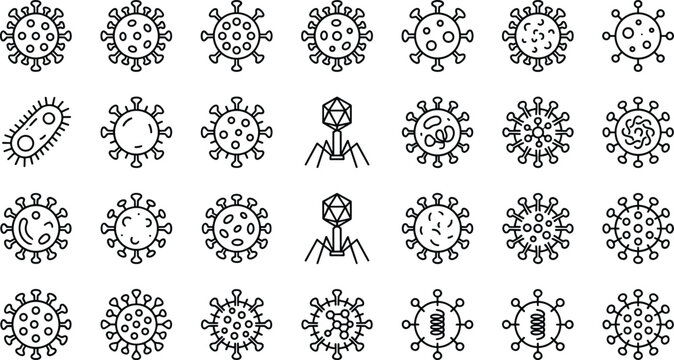 Virus and bacteria line icon set with coronavirus bacteriophage microbe pathogen infection cell disease research and medical laboratory science outline symbols
