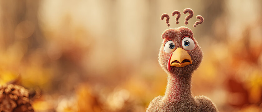 Funny cartoon turkey with puzzled expression and question marks above its head in an autumn forest setting, warm orange tones.