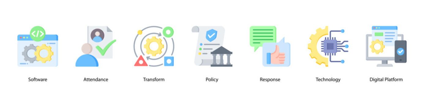 Digital Workplace web banner icon vector illustration featuring Software, Attendance, Transform, Policy, Response, Technology, and Digital Platform.