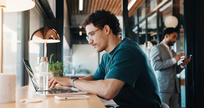 Man, typing and remote work in restaurant with laptop, research or check trends for graphic design. Freelancer, person or creative designer in cafe with computer, editing project or digital campaign.