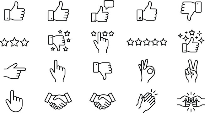 Hand gesture and customer feedback line icon set with thumbs up down stars pointing finger handshake clap fist bump and ok sign outline symbols