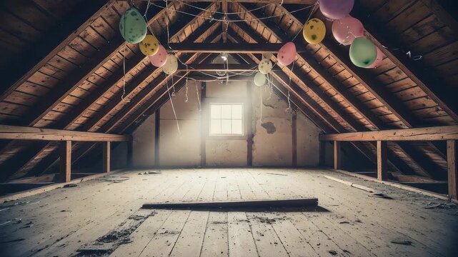 Abandoned attic with colorful balloons floating in dusty light. Creepy house loft decorated for spooky party. Halloween concept with dark mysterious environment.
