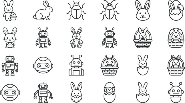 Easter bunny and robot toy line icon set with rabbit character basket eggshell bug beetle cyborg head and cute childhood outline symbols
