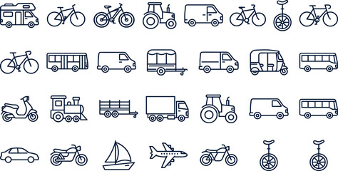 Transportation and vehicle line icon set with bicycle car truck tractor bus camper train airplane sailboat motorcycle van and logistics shipping travel outline symbols © Shefali