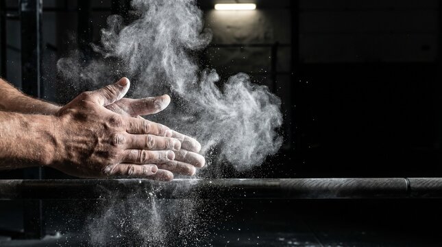 Intense athlete claps chalked hands, preparing for powerful weightlifting