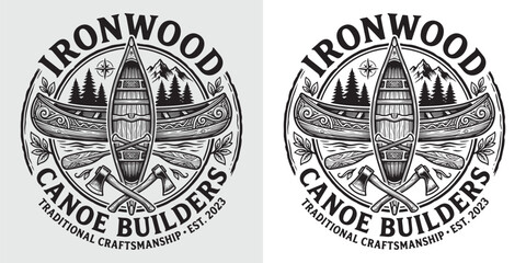 Fototapeta premium Ironwood canoe builders circular logo with wooden canoe, paddles, and axes