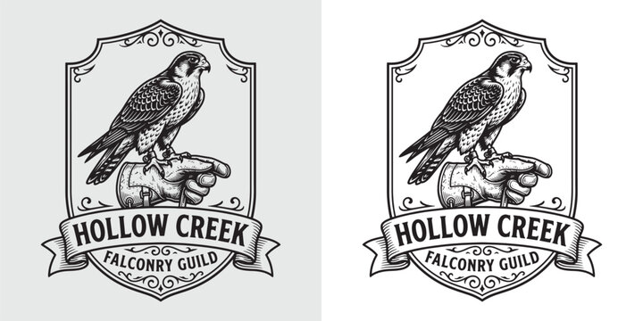 Minimalist Hollow Creek falconry guild emblem with perched falcon on glove
