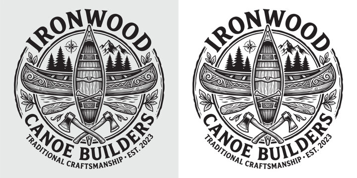 Ironwood canoe builders circular logo with wooden canoe, paddles, and axes