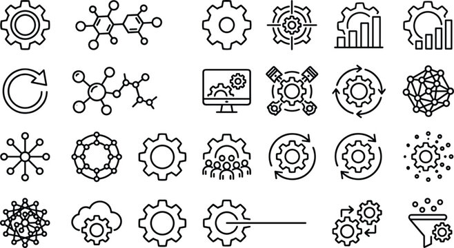 Engineering and technology line icon set with gear cogwheel molecule network structure data funnel computer processing analytics and industry process outline symbols