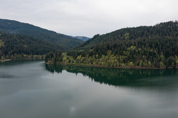 Fototapeta premium Aerial drone picture of Yale Lake surrounded by forest in Washington, USA. Calm water, scenic shoreline and Pacific Northwest landscape, ideal for nature background and outdoor scenes