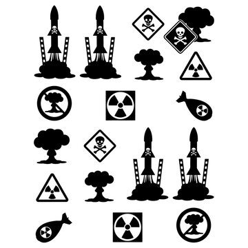 Military weapons of mass destruction and catastrophic explosion vector icons bundle