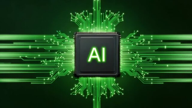 Artificial Intelligence Chip Green Circuit Board Digital Technology Microchip Processor Glowing Line Data Flow Computer Hardware Network Connection Machine Learning Futuristic Design Electronic System